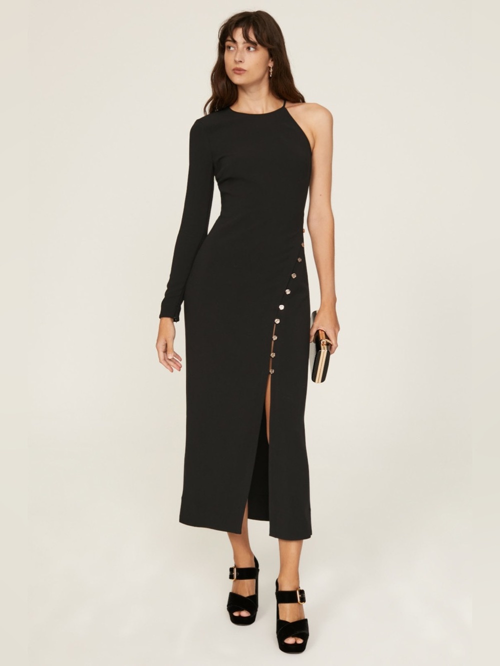 STAUD Zhuri Black One-Shoulder Midi Dress with Side Button Slit ♥️♥️